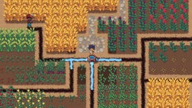 Roots Of Pacha - Two players stand in a field of crops. One is digging an irrigation trench while another fills it with water.